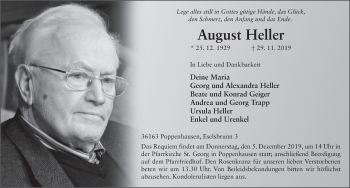 Traueranzeige von August Heller von FZ