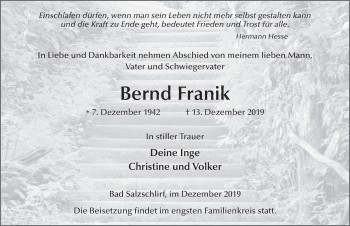 Traueranzeige von Bernd Franik von FZ
