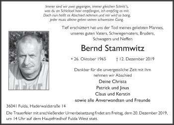 Traueranzeige von Bernd Stammwitz von FZ
