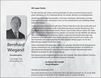 Traueranzeige von Bernhard Wiegand von FZ