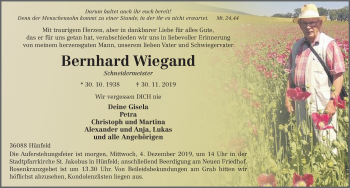 Traueranzeige von Bernhard Wiegand von FZ