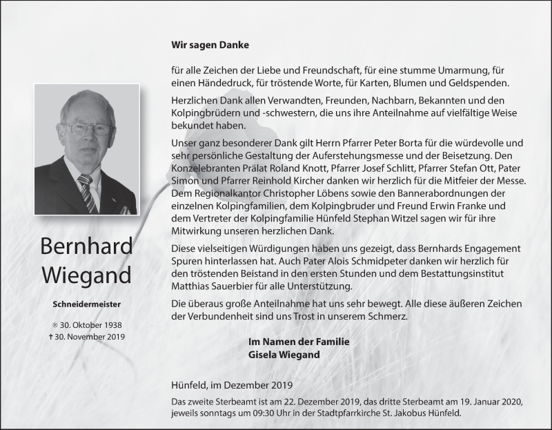  Traueranzeige für Bernhard Wiegand vom 21.12.2019 aus FZ