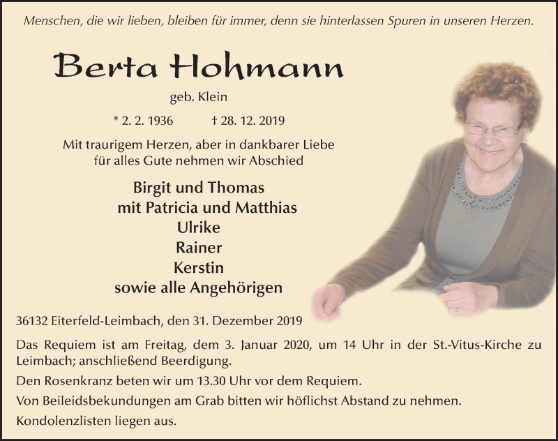  Traueranzeige für Berta Hohmann vom 31.12.2019 aus FZ