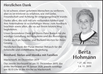 Traueranzeige von Berta Hohmann von FZ