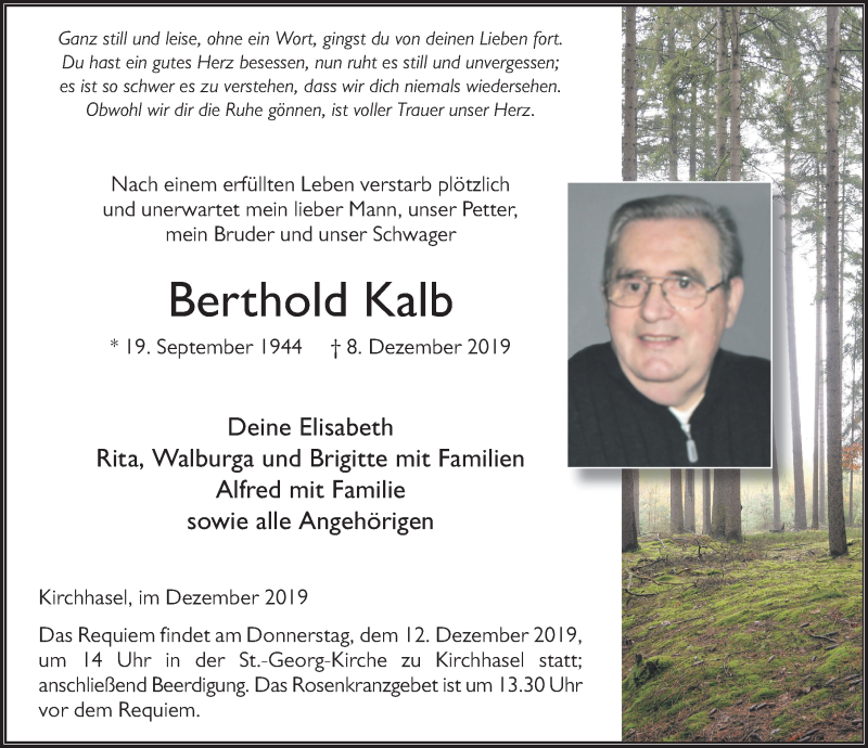  Traueranzeige für Berthold Kalb vom 11.12.2019 aus FZ