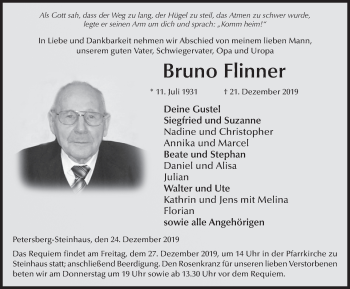 Traueranzeige von Bruno Flinner von FZ