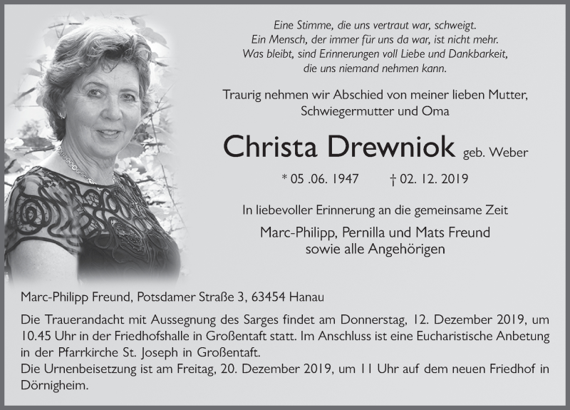  Traueranzeige für Christa Drewniok vom 10.12.2019 aus FZ