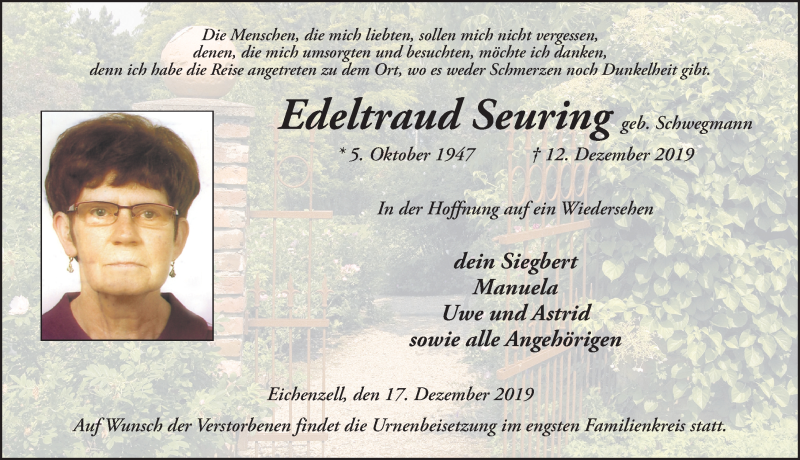  Traueranzeige für Edeltraud Seuring vom 17.12.2019 aus FZ