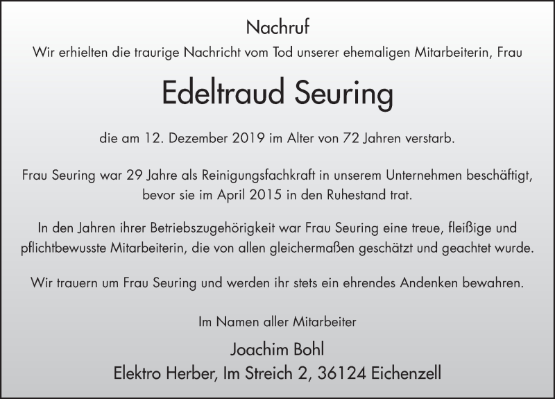  Traueranzeige für Edeltraud Seuring vom 17.12.2019 aus FZ