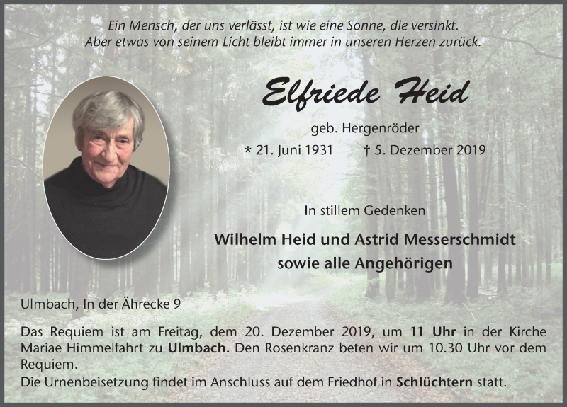  Traueranzeige für Elfriede Heid vom 14.12.2019 aus FZ
