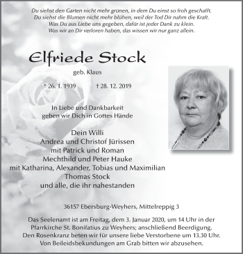 Traueranzeige von Elfriede Stock von FZ