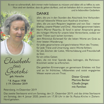 Traueranzeige von Elisabeth Grotzki von FZ