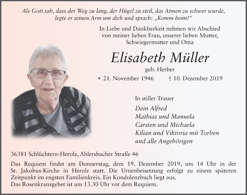 Traueranzeige für Elisabeth Müller vom 14.12.2019 aus FZ