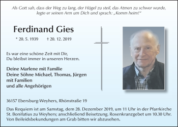 Traueranzeige von Ferdinand Gies von FZ