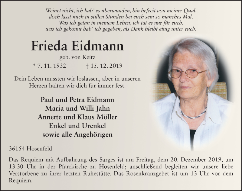  Traueranzeige für Frieda Eidmann vom 18.12.2019 aus FZ