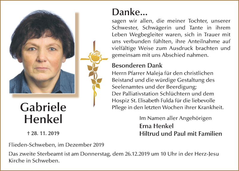  Traueranzeige für Gabriele Henkel vom 23.12.2019 aus FZ