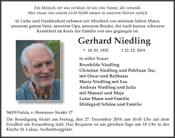 Traueranzeige von Gerhard Niedling von FZ