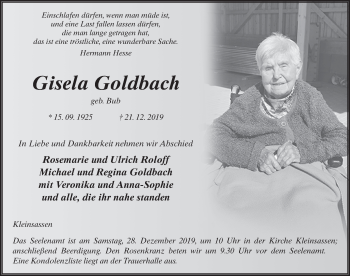 Traueranzeige von Gisela Goldbach von FZ