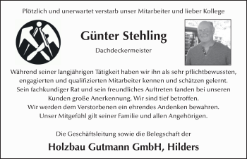 Traueranzeige von Günter Stehling von FZ