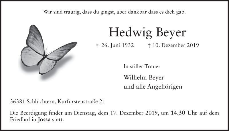  Traueranzeige für Hedwig Beyer vom 14.12.2019 aus FZ