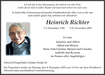 Traueranzeige von Heinrich Richter von FZ