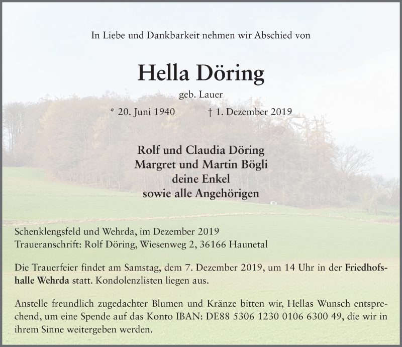  Traueranzeige für Hella Döring vom 04.12.2019 aus FZ