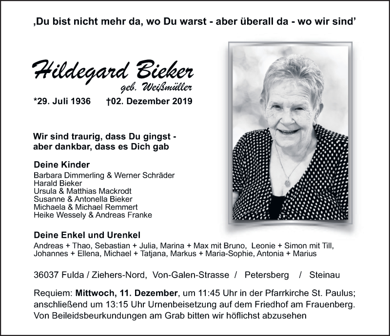  Traueranzeige für Hildegard Bieker vom 06.12.2019 aus FZ