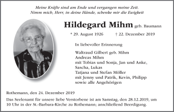 Traueranzeige von Hildegard Mihm von FZ