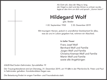 Traueranzeige von Hildegard Wolf von FZ