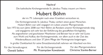 Traueranzeige von Hubert Böhm von FZ