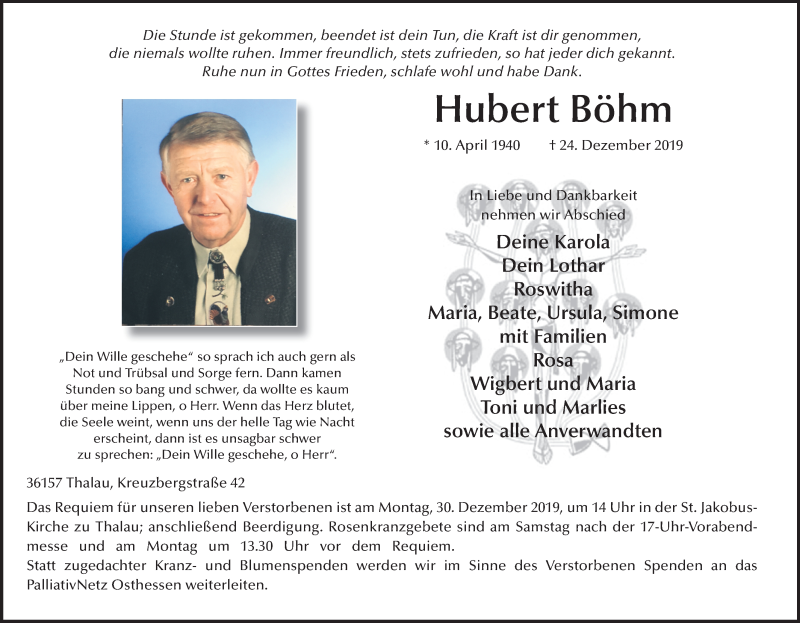  Traueranzeige für Hubert Böhm vom 28.12.2019 aus FZ