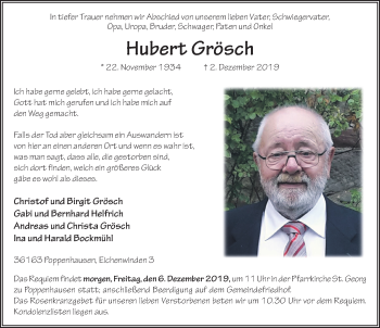 Traueranzeige von Hubert Grösch von FZ