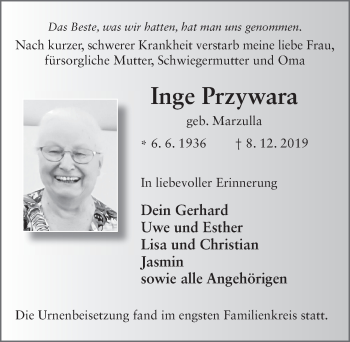 Traueranzeige von Inge Przywara von FZ