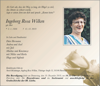 Traueranzeige von Ingeborg Rosa Wilken von FZ