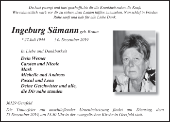 Traueranzeige von Ingeburg Sämann von FZ