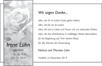 Traueranzeige von Irene Lühn von FZ