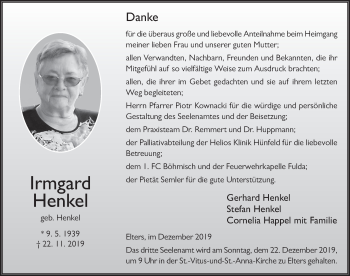 Traueranzeige von Irmgard Henkel von FZ