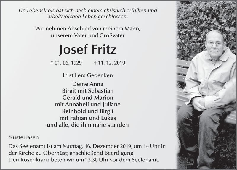  Traueranzeige für Josef Fritz vom 14.12.2019 aus FZ