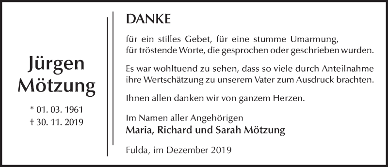  Traueranzeige für Jürgen Mötzung vom 24.12.2019 aus FZ