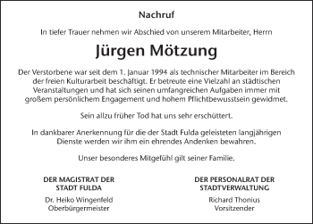 Traueranzeige von Jürgen Mötzung von FZ