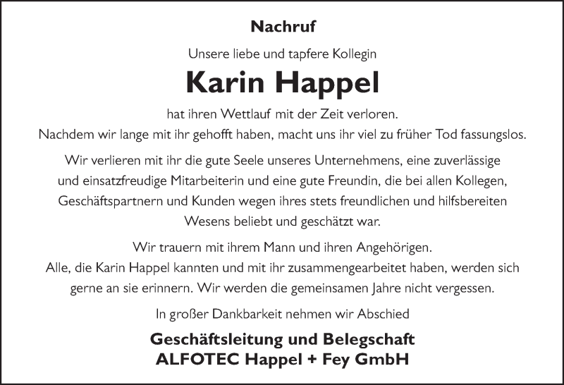  Traueranzeige für Karin Happel vom 06.12.2019 aus FZ