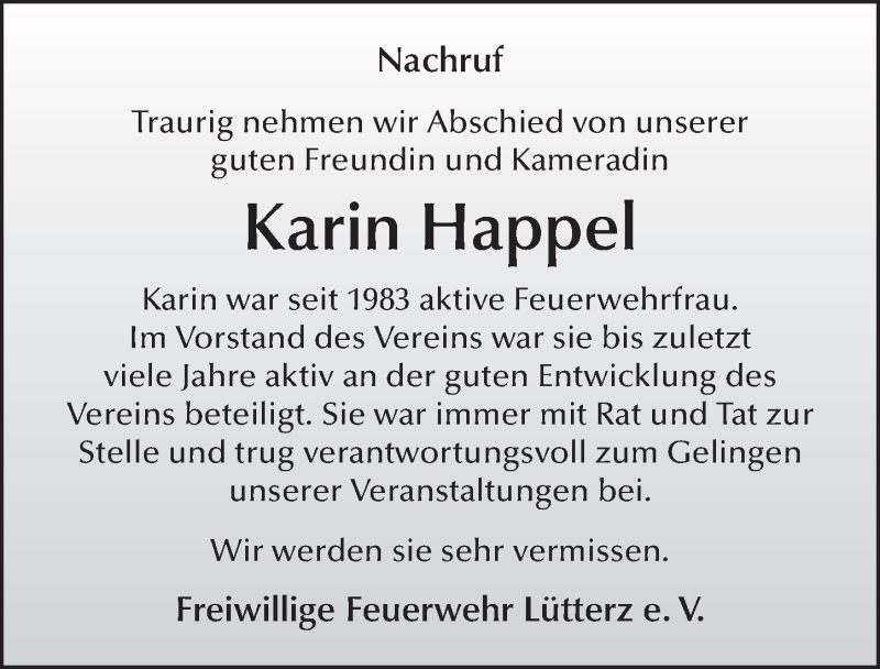  Traueranzeige für Karin Happel vom 06.12.2019 aus FZ