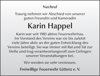 Traueranzeige von Karin Happel von FZ