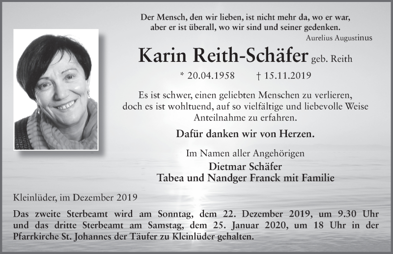  Traueranzeige für Karin Reith-Schäfer vom 14.12.2019 aus FZ