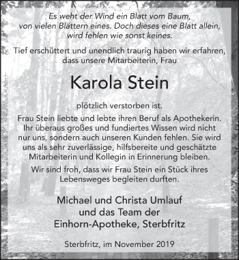 Traueranzeige von Karola Stein von FZ