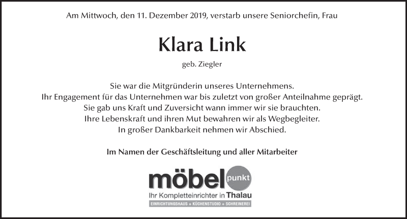 Traueranzeige für Klara Link vom 12.12.2019 aus FZ