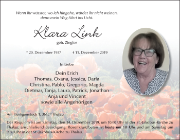 Traueranzeige von Klara Link von FZ