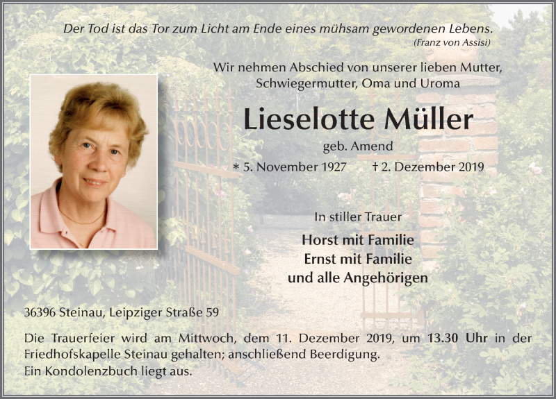  Traueranzeige für Lieselotte Müller vom 06.12.2019 aus FZ