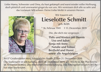 Traueranzeige von Lieselotte Schmitt von FZ