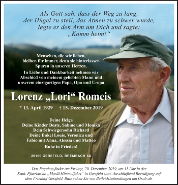 Traueranzeige von Lorenz Romeis von FZ
